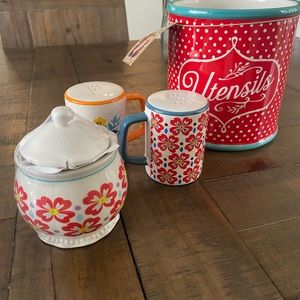 The Pioneer Woman Polka Dot Utensil Crock Sugar Bowl with Lid Salt and Pepper